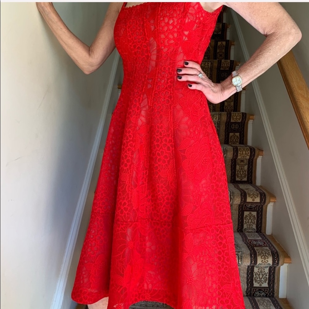 Nanette Lepore red lace cocktail dress.